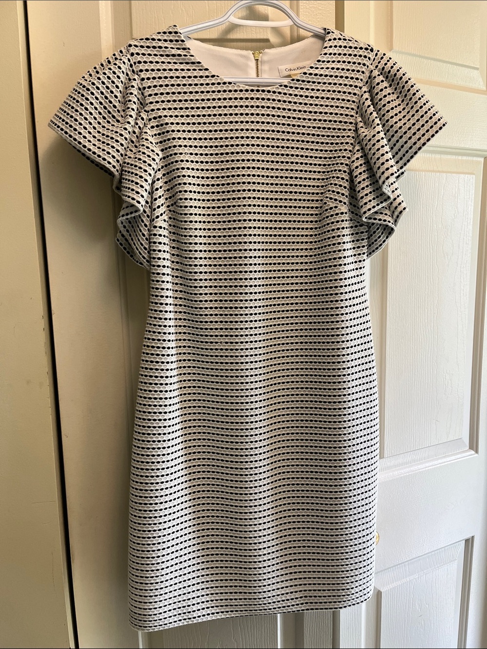 Calvin Klein White Dress with Black Dot Texture and Flutter Sleeves